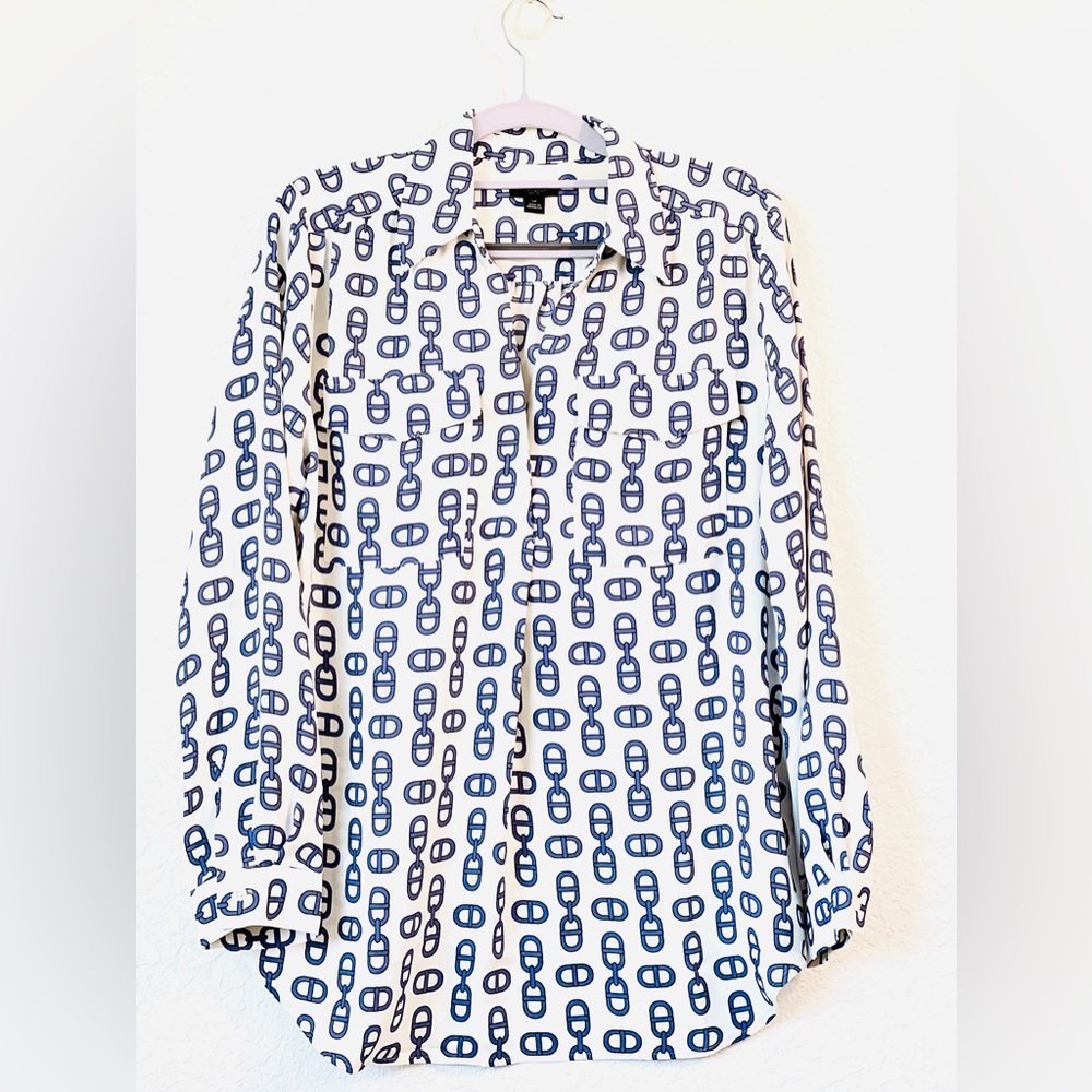 ⭐️ANN TAYLOR⭐️ Chain Print Popover long sleeve blouse size L PETITE - No Flaws✅